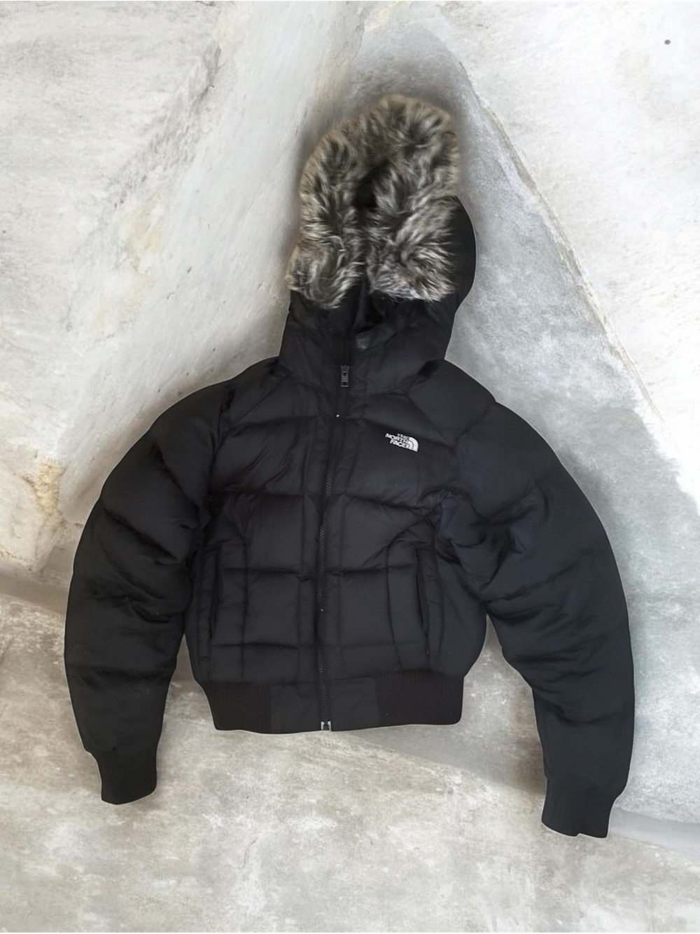 The North Face Black Hooded Puffer Jacket with Faux Fur Trim